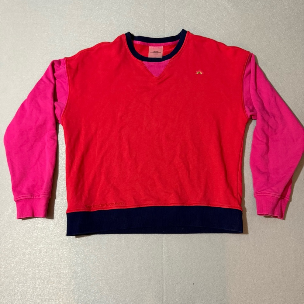 Terez Hot Red and Pink with Embroidered Rainbow Crew Neck  Sweatshirt 🌈